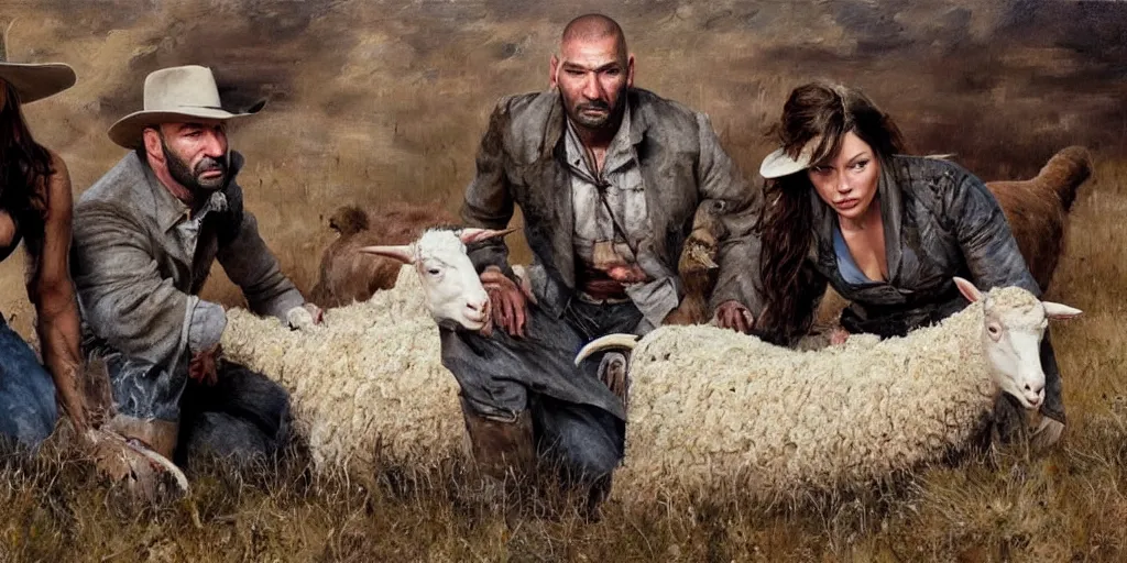 Prompt: oil painting of Dave Bautista and Mila Jovovich in the old west examining dead sheep on their ranch