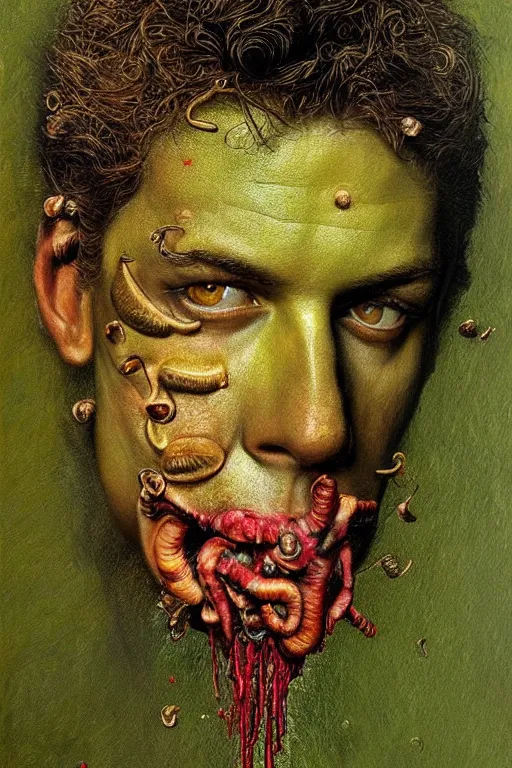 Prompt: hyper realistic portrait painting of tommy ( intrincate detail, golden mushroom ornaments, marijuana ) wet, marijuana buds, by saturno butto, boris vallejo, austin osman spare and david kassan, by bussiere. occult art, occult diagram, red and green color scheme.