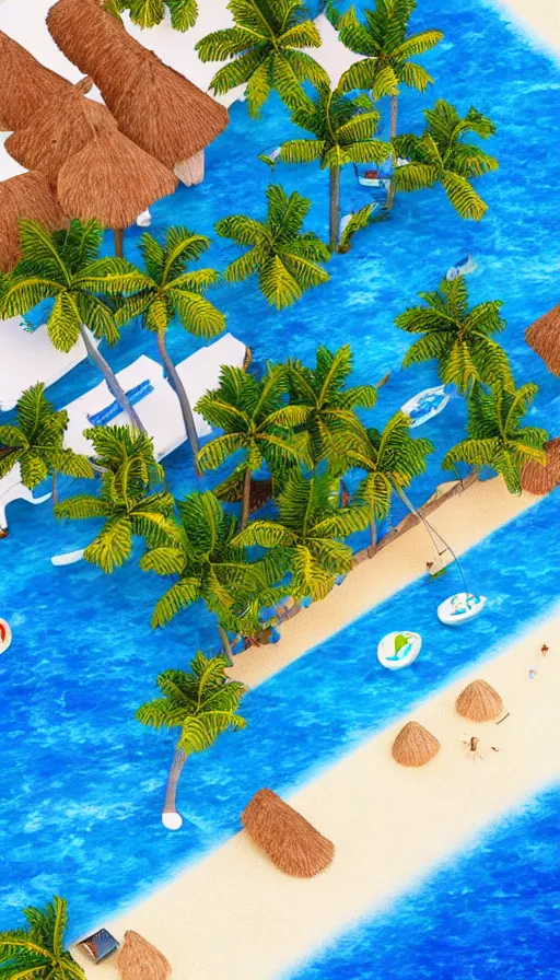 Prompt: beautiful beachside village, palm trees, blue water, isometric view, tilt shift, highly detailed