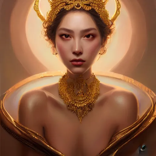 Prompt: expressive oil painting, of alluring european princess, seductive look, smooth glowing skin, glistening body, love, adoration, ornate headpiece made from beads, glamour shot, by yoshitaka amano, by greg rutkowski, by jeremyg lipkinng, by artgerm, digital art, octane render, white robe