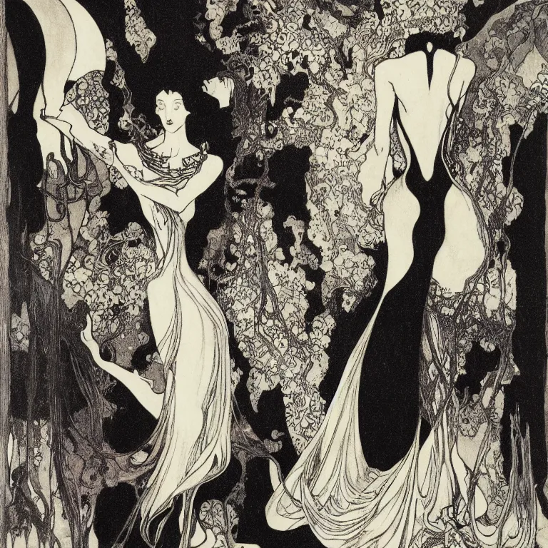 Image similar to A woman stands in a black room with a black dress with a cut-out on the back, Anton Pieck,Jean Delville, Amano,Yves Tanguy, Alphonse Mucha, Ernst Haeckel, Edward Robert Hughes,Stanisław Szukalski and Roger Dean