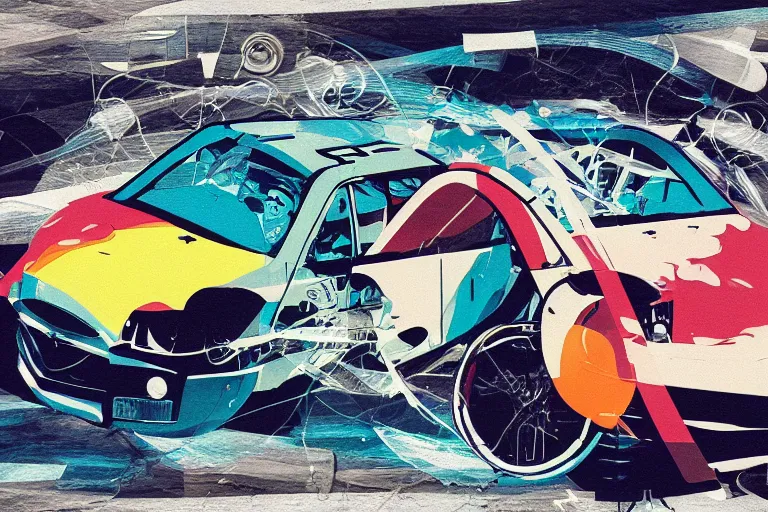 Prompt: picasso album art style of a drifting car. film photography, soft lighting, artstation, collage, lost art