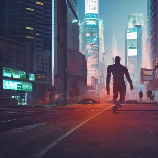 Image similar to people running away scared from cryptocurrency city, cyberpunk art ultrarealistic 8k