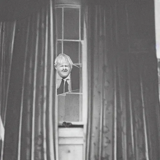 Image similar to a photo taken from the inside of an old house showing the curtains of a window being pulled back to reveal a terrifying boris johnson with his face pressed against the window, boris ’ hand placed on the window, horrifying grin. raining, thunderstorm, night time