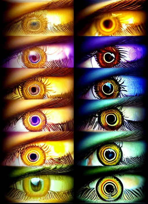 Image similar to montage of thin ringshaped irises, detailed colored textures, eyelashes, advanced art, art styles mix, from wikipedia, wet relections in eyes, sunshine, hd macro photograph, from side, grid of various eye shapes