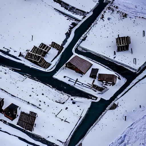 Image similar to abandoned mine and crates full of supplies buried in snow::2 snowy region on coast of Iceland, aerial drone perspective, top down view ::1 sattelite image of snow from 250 meters height, some coal boxes and barrels are covered in snow, old mine remains :: 1 post apocalyptic, snowstorm ::5