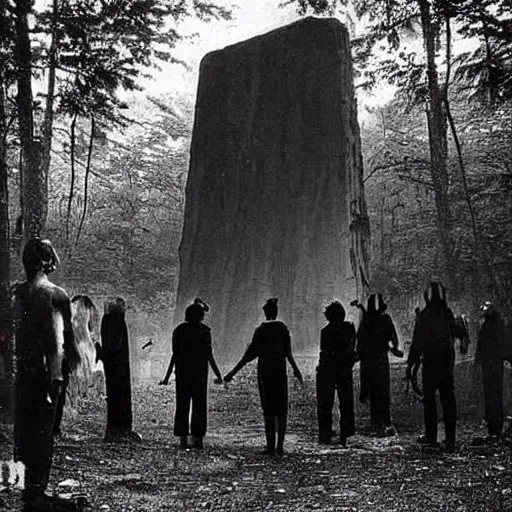 Image similar to old photograph of a cult surrounding a giant alien monolith in a haunted forest, epic composition