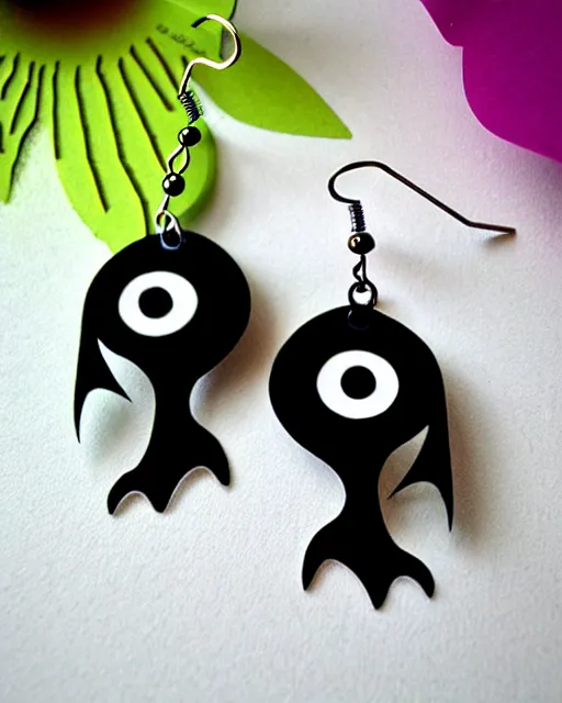 Image similar to tim burton spooky monster, 2 d lasercut earrings,