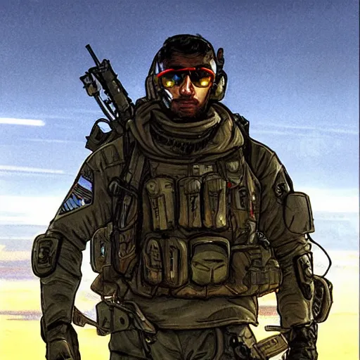 Image similar to Hector. USN special forces futuristic recon operator, cyberpunk headset, on patrol in the Australian neutral zone, deserted city landscape, skyline lit by flares. 2087. Concept art by James Gurney and Alphonso Mucha