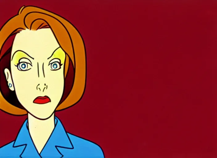 Prompt: an animation cel of dana scully, in the style of netflix animation, toei animation, filmation animation, traditional animation, sharp detail, 1 9 8 8