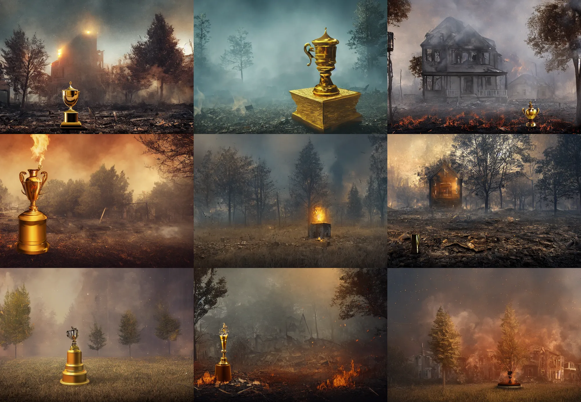 Prompt: a lone golden trophy on an abandoned burned buildings and houses, with trees, digital art, burn smoke, cinematic photography, low depth field effect, trending on artstation