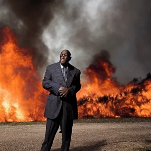 Prompt: a photo of a house burning down in the background and bill duke with an eerie expression in the foreground, strong depth of field