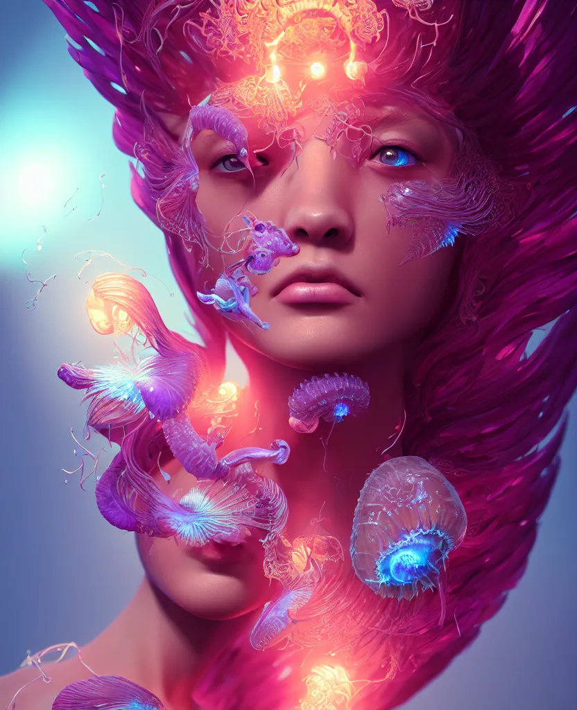 Image similar to goddess close-up portrait. orchid jellyfish phoenix head, nautilus, skull, betta fish, bioluminiscent creatures, intricate artwork by Tooth Wu and wlop and beeple. octane render, trending on artstation, greg rutkowski very coherent symmetrical artwork. cinematic, hyper realism, high detail, octane render, 8k