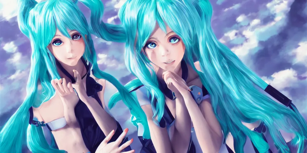 Image similar to Jesus cosplaying as Hatsune Miku, digital art, trending on artstation