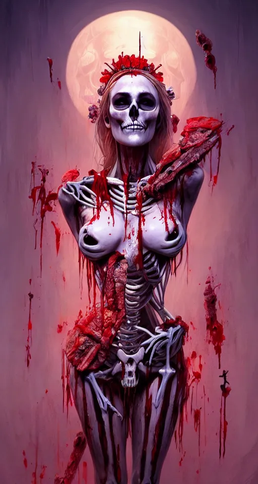 Prompt: extremely beautiful panting of goddess of the realm of the dead, half woman half skeleton, covered with blood, surrounded by skeletons, extremely high detailed face, long white hair, thick body, true anatomy, artstation, unreal engine 5, octane rendered, by ilya kuvshinov, greg rutkowski and makoto shinkai, trending on artstation