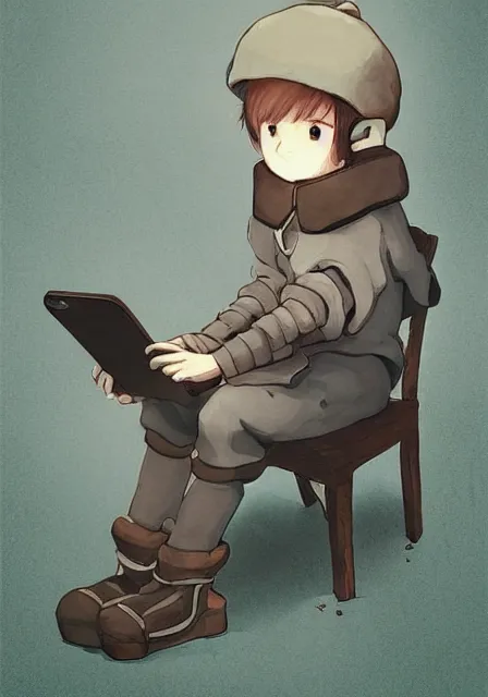 Image similar to beautiful little boy wearing sheep suit using a smartphone while sitting on chair, gray, blue, green and brown pallet color. made in abyss art style, inspired in kris from deltarrune, cute detailed artwork, anatomically correct, soft details, ilya kuvshinov, reflection