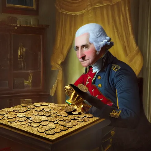 Image similar to a closeup photorealistic photograph of a happy George Washington inspecting small gold Doubloon coins at his home on Cherry Street. This 4K HD image is Trending on Artstation, featured on Behance, well-rendered, extra crisp, features intricate detail and the style of Unreal Engine.