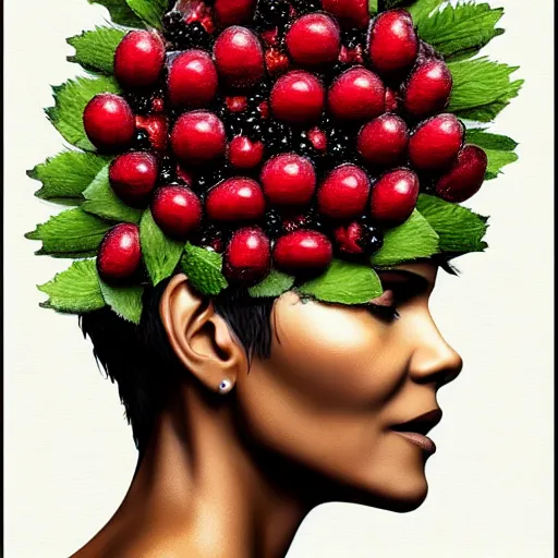 Prompt: ultra detailed two halle berry made of berries on a tree rendered by octane digital painting by arcimboldo