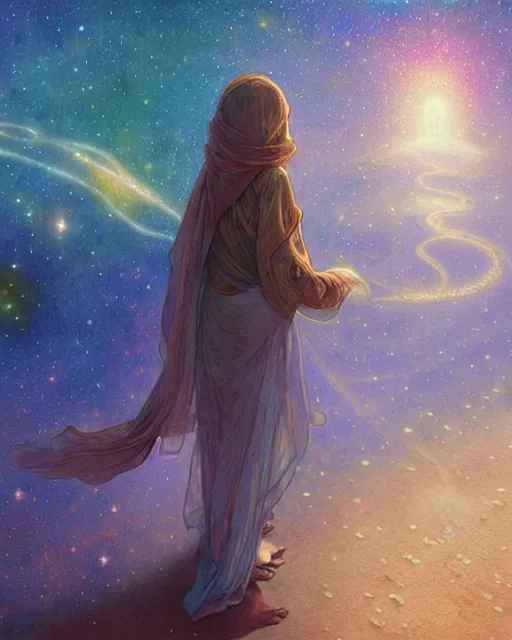 Image similar to bedouin child praying in galaxy walking towards mosque surrounded by nebula, highly detailed, gold filigree, romantic storybook fantasy, soft cinematic lighting, award, disney concept art watercolor illustration by mandy jurgens and alphonse mucha and alena aenami, pastel color palette, featured on artstation