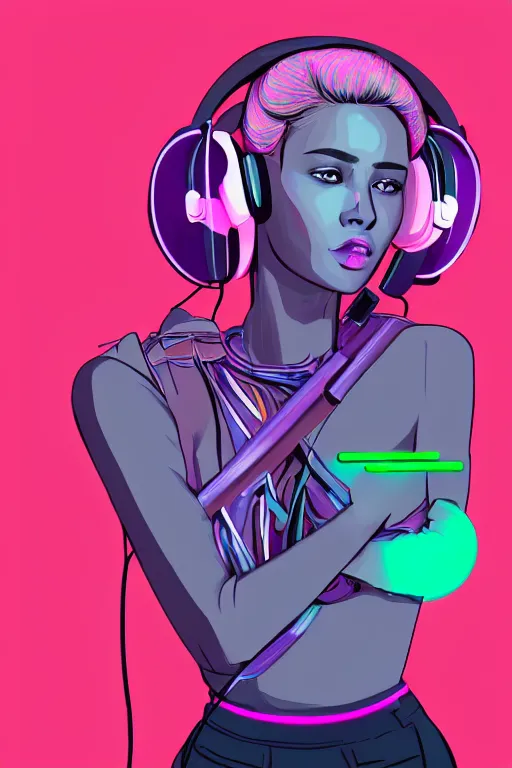 Image similar to a award winning half body portrait of a beautiful woman with stunning eyes in a croptop and cargo pants with ombre purple pink teal hairstyle listenin to music with headphones on her ears by thomas danthony, surrounded by whirling illuminated lines, outrun, vaporware, shaded flat illustration, digital art, trending on artstation, highly detailed, fine detail, intricate