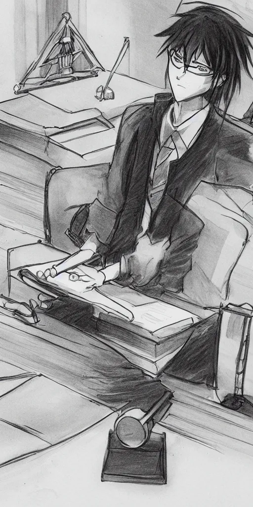 Prompt: powerful anime judge, in a court room with a scale on his desk, drawn by a famous anime artist, high quality, fine lines,