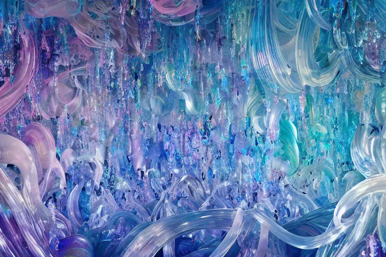 Image similar to simplicity, a flock of ornate twisting translucent puffy filigreed clouds tangled into large whirling ultra detailed clumps of crystal specimens, abstract environment, playful, award winning art, epic dreamlike fantasy landscape, ultra realistic,