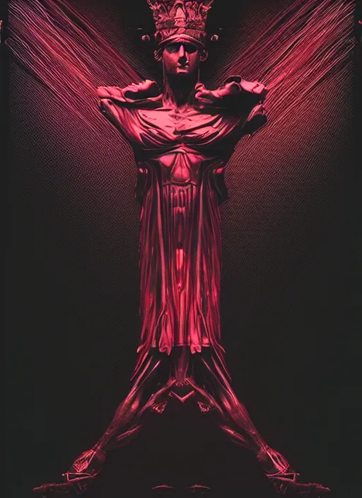 Image similar to dark design poster showing a heroic greco roman statue, black background with very subtle red and purple design elements, powerful, nekro, vito acconci, thin straight lines, dark, glitch art, neo vaporwave, gritty, layout frame, square, trending on artstation