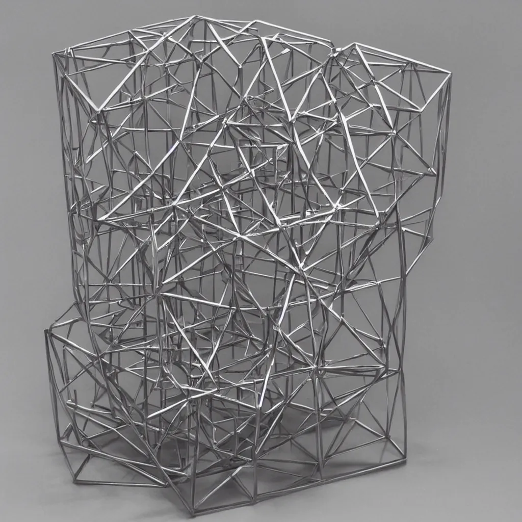 Image similar to a realistic metal sculpture of a hypercube, super detailed