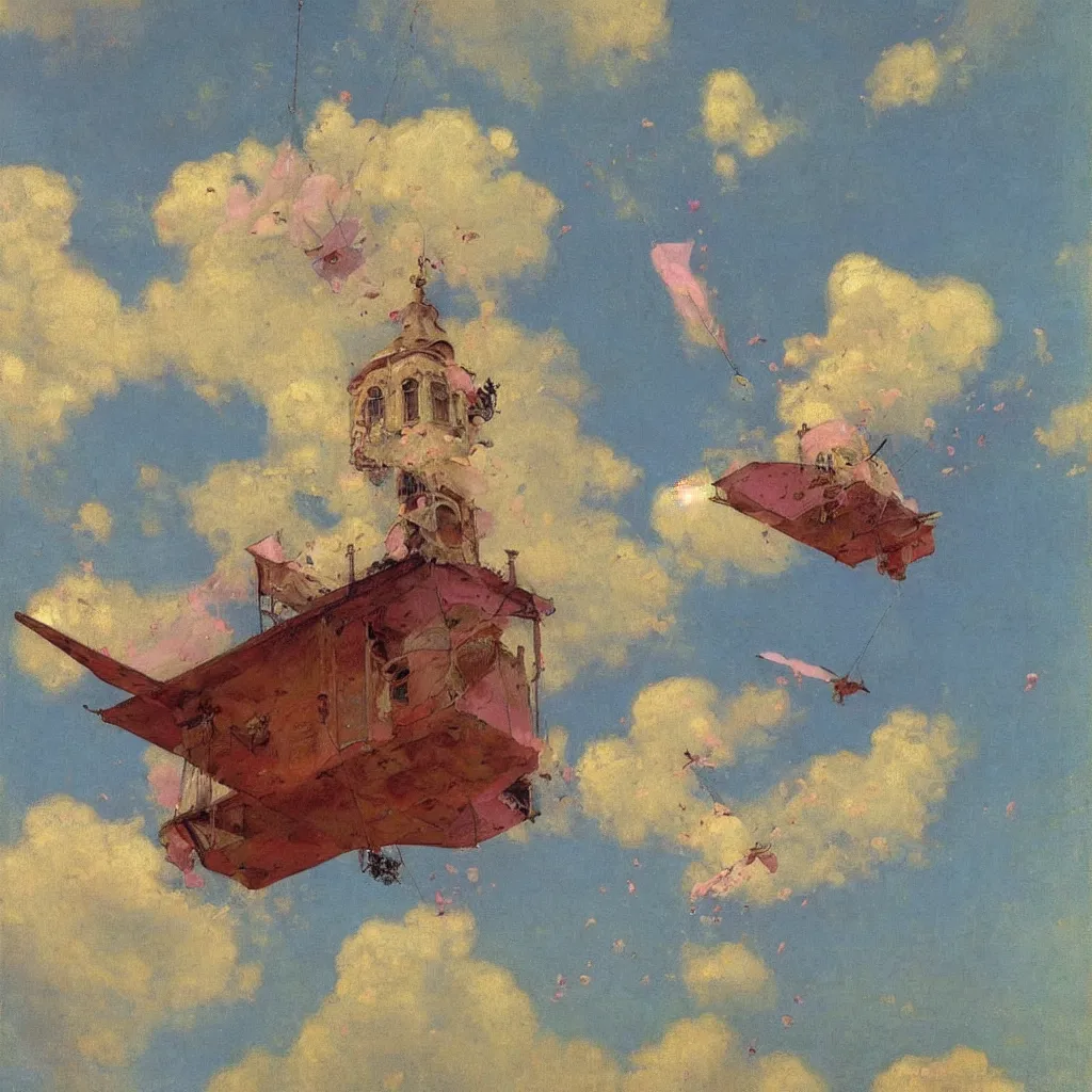 Prompt: two huge pink zepplins flying above church steeple, 1905, highly detailed colourful oil on canvas, by Ilya Repin