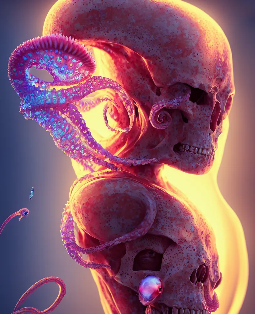 Image similar to hooded goddess close - up portrait hooded human skull, ram skull, squid phoenix jellyfish, orchid, betta fish, bioluminiscent, intricate artwork by tooth wu and wlop and beeple. octane render, trending on artstation, greg rutkowski very coherent symmetrical artwork. cinematic, hyper realism, high detail, octane render, 8 k