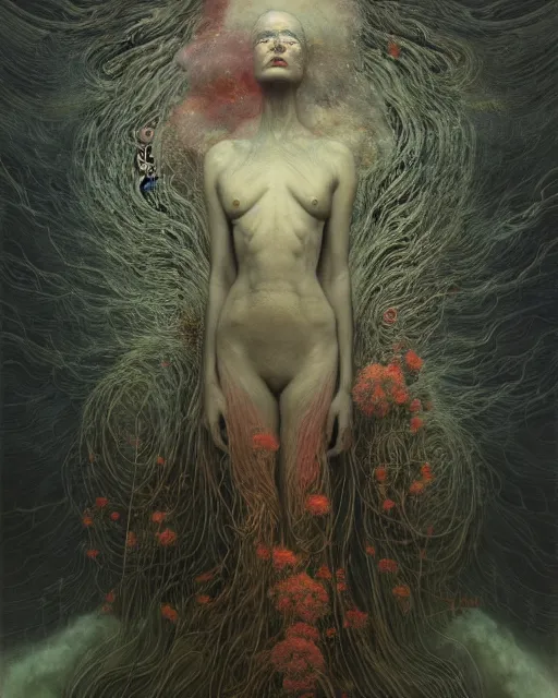 Prompt: A portrait of a woman wearing clothes made out of thunder clouds and flowers, apocalypse, nuclear explosion in the background, liquid skin, Masterpiece, glowing, wires everywhere, by Edgar Maxence and Ross Tran, Zdzisław Beksiński, and Michael Whelan, distant, gustav dore, H.R. Giger, 8k, octane render