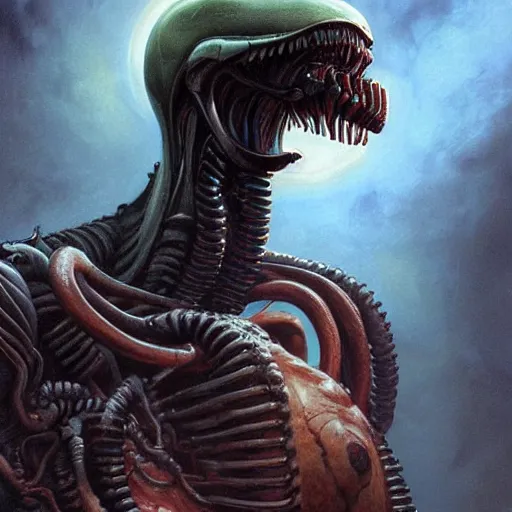 Image similar to An attractive beautiful xenomorph, fullbody, intricate, horror, highly detailed, artstation, cosmic crystals, black hole, concept art, smooth, sharp focus, illustration, art by greg rutkowski and orientalism and bouguereau and Zdzislaw Beksinski, good clear quality, lighting, biology, symmetrical artwork, perfect face, 135 mm, cinematic, hyper realism, high detail, octane render, 8k, chrome accents