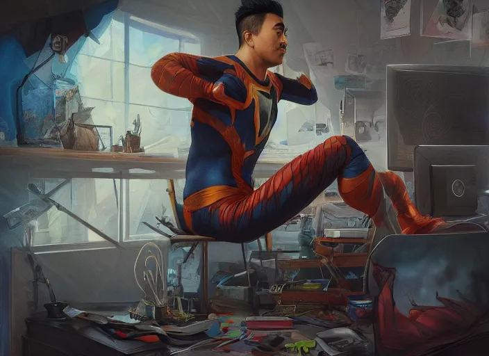 Image similar to an insanely detailed painting of an asian man wearing a homemade superhero costume, sitting at a desk, staring seriously at the computer and typing, in the style of peter mohrbacher, james jean, artgerm, dramatic lighting and composition, surreal background, octane render, pixar, trending on artstation, concept art, comic book, view from behind, 8 k