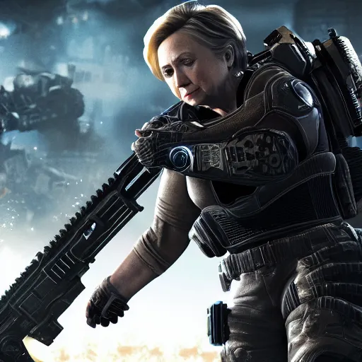 Image similar to hillary clinton in gears of war, splash art, movie still, cinematic lighting, dramatic, octane render, long lens, shallow depth of field, bokeh, anamorphic lens flare, 8 k, hyper detailed, 3 5 mm film grain