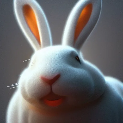 Image similar to “white bunny with black spots on face, staring at you in heaven, fog, volumetric lighting, golden hour, sharp focus, ultra detailed, trending on artstation,”