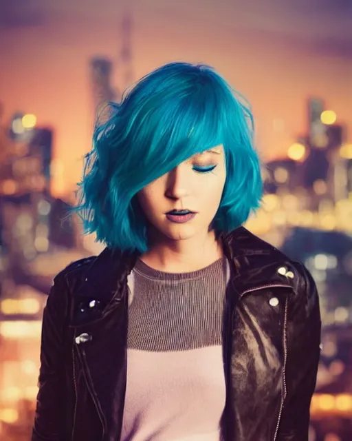 Image similar to Beautiful young woman with glowing teal hair, bob haircut, bangs, Spiked blue leather jacket, cyberpunk city background, in the style of Anna Dittman, fashion photography