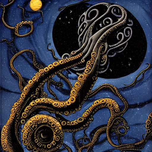 Prompt: a dark colored planet, shadow colored tentacles sticking out of the side, in the style of eldritch horror