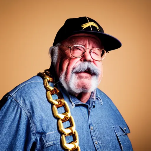 Prompt: dslr portrait photo still of wilfred brimley as a gangsta rapper with gold chains and gold teeth grills growling at camera and showing his teeth, 8 k, 8 5 mm f 1. 8