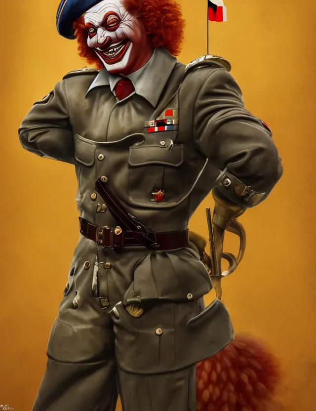 Image similar to a portrait of ronald mcdonald wearing a ww 2 german uniform, by moebius and tyler edlin and hr giger, trending on artstation, digital art, 4 k resolution, detailed, high quality, sharp focus, hq artwork, coherent, insane detail, concept art