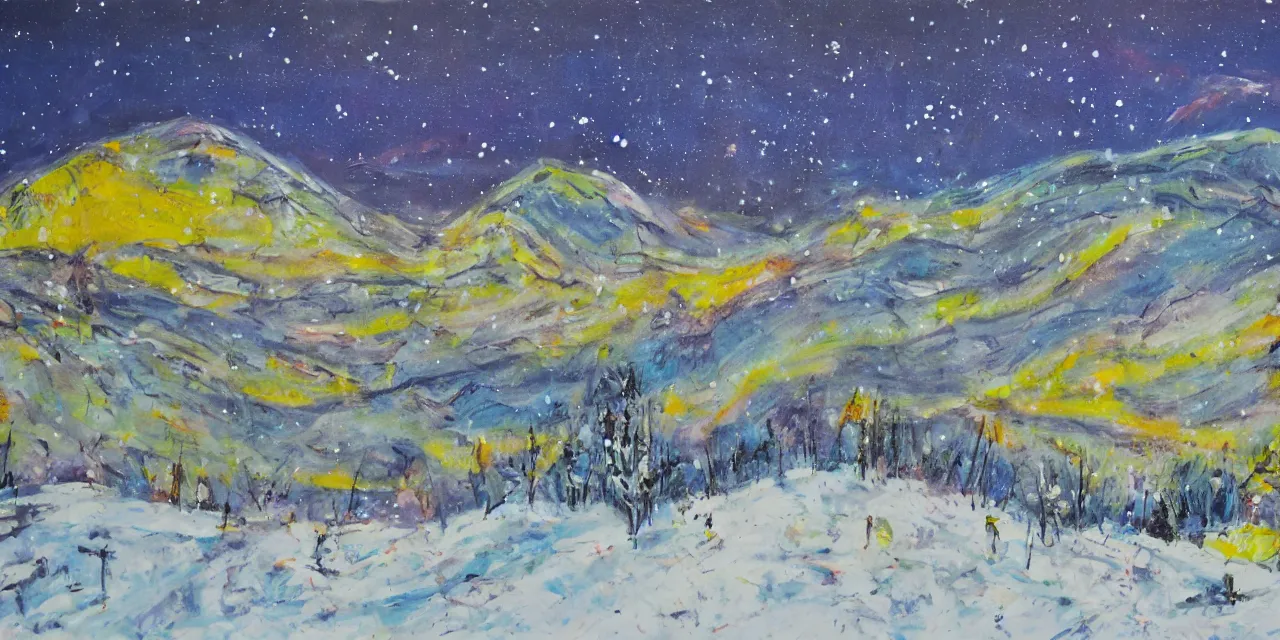 Image similar to abstract expressionist painting of the laurentian appalachian mountains in winter, unique, original and creative landscape, snowy night, distant town lights, aurora borealis, deers and ravens, footsteps in the snow, brilliant composition