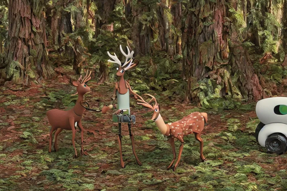 Prompt: a breathtaking claymation film still of a deer and a robot in the forest. claymation by bruce bickford