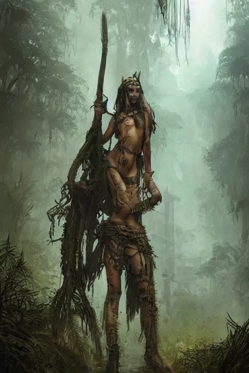 Prompt: young beautiful tribal woman with face paintings and a sword, in a post apocalyptic city overgrown with lush vegetation, by Luis Royo, by Greg Rutkowski, dark, gritty, intricate, volumetric lighting, volumetric atmosphere, concept art, cover illustration, octane render, trending on artstation, 8k
