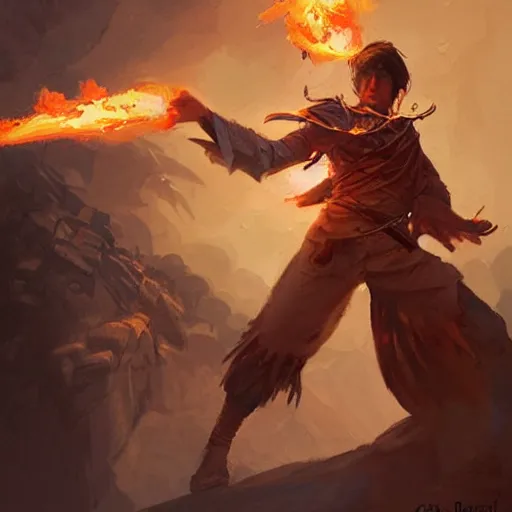 Image similar to beautiful painting of a very short and small male halfing bard from pathfinder, casting fireball, painted by greg rutkowski