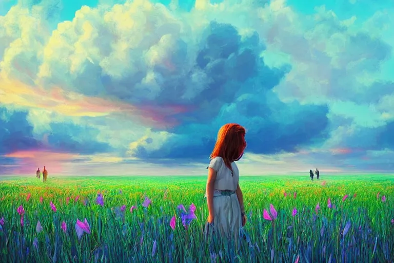 Image similar to giant gladiola head, girl walking in field of flowers, surreal photography, sunrise, blue sky, dramatic light, impressionist painting, digital painting, artstation, simon stalenhag