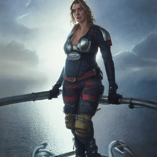 Prompt: a heroic portrait of Kate Winslet mechanic with one prosthetic metallic gauntlet standing on a ship deck by Greg Rutkowski, ultra realistic, Sung Choi, photorealistic 8k, cinematic lighting, HD, high detail, atmospheric, trending on artstation, high detail face