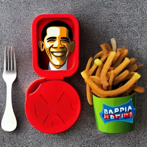 Prompt: Obama themed happy meal toy