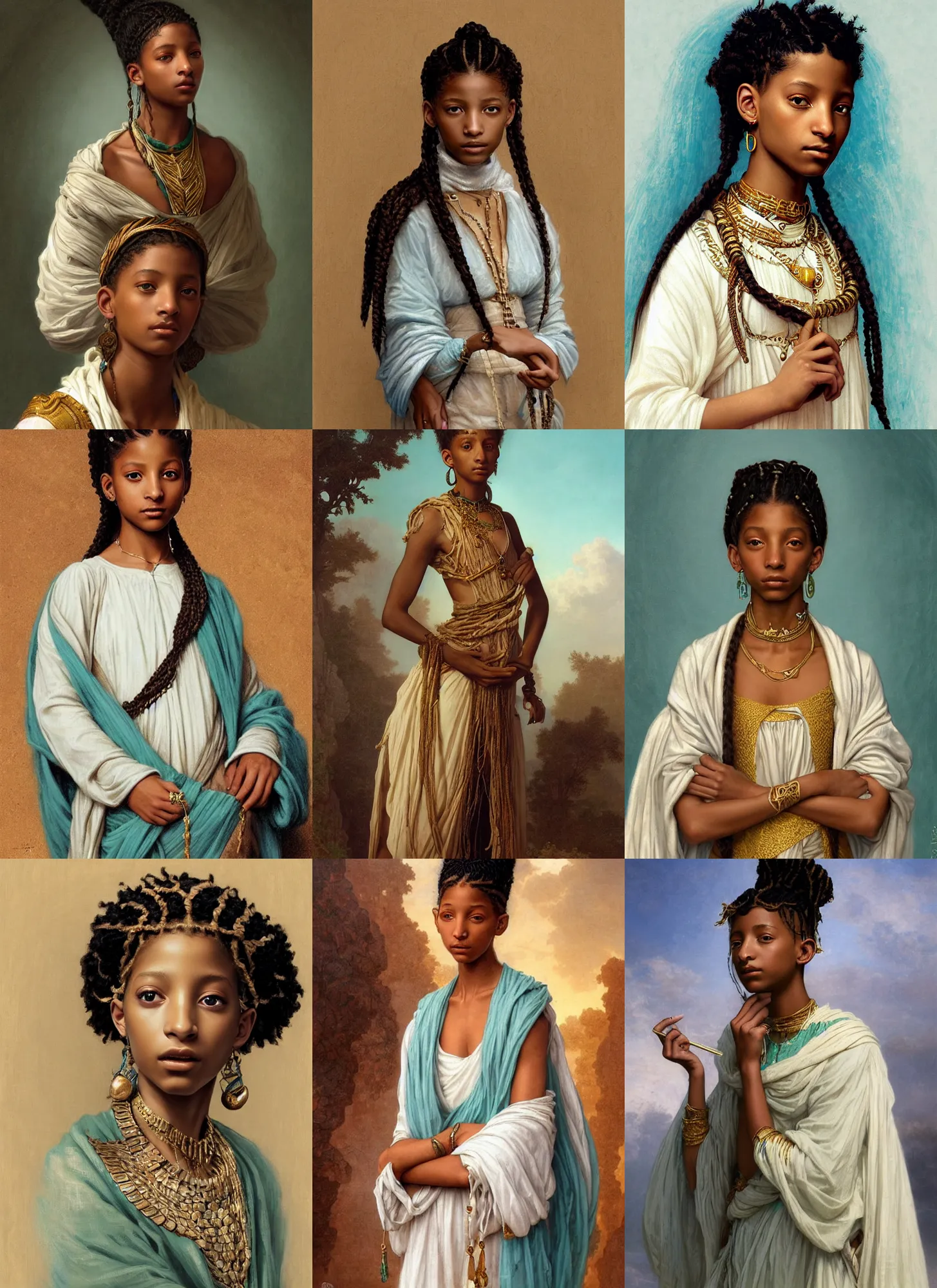 Prompt: willow smith portrait as ancient libyan girl, long cornrows, white and teal garment, gold jewelry, intricate, elegant, highly detailed, digital painting, artstation, concept art, smooth, sharp focus, illustration, orientalism, edwin long, bouguereau, rutkowski