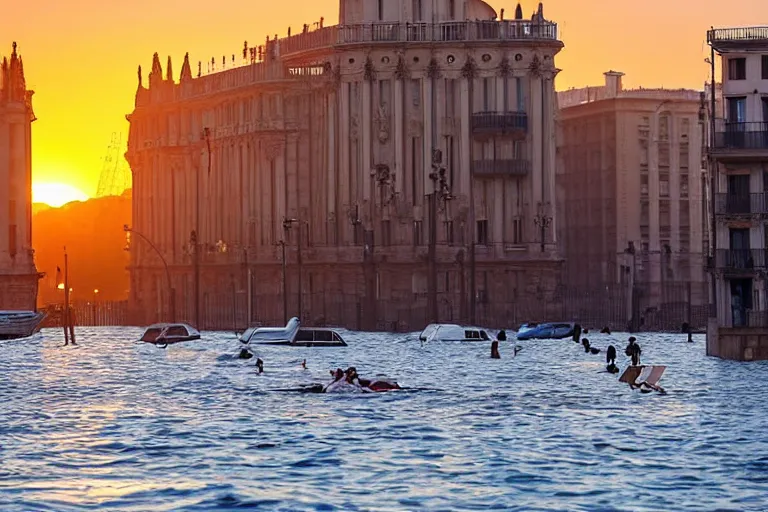 Image similar to views of catastrophic barcelona's buildings covered with high water, people on boats, floating cars, sunset lighting, photo real