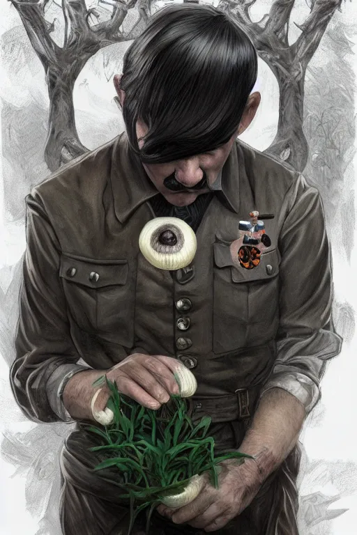 Image similar to beautiful cottagecore adolf hitler holding a Black Onion, blonde Hair, dark forest, intricate, elegant, highly detailed, digital painting, artstation, concept art, smooth, sharp, focus, illustration, art by artgerm and greg rutkowski and alphonse mucha