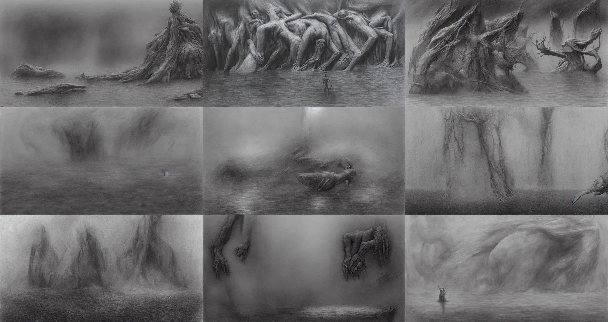 Prompt: charcoal drawing of a humanoid submerge river by wayne barlowe and beksinski